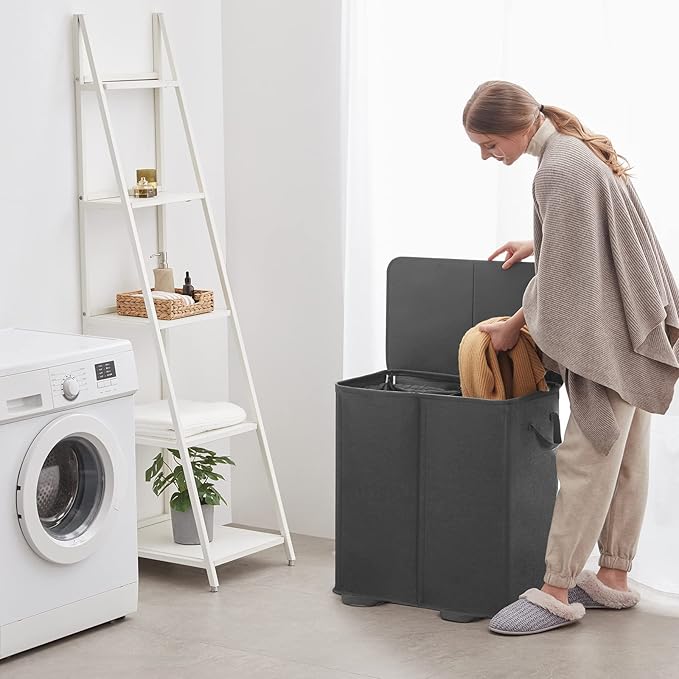 Lifewit Double Laundry Hamper with Lid and Removable Laundry Bags, Large Collapsible 2 Dividers Dirty Clothes Basket with Handles for Bedroom, Laundry Room, Closet, Bathroom, College, 155L Black