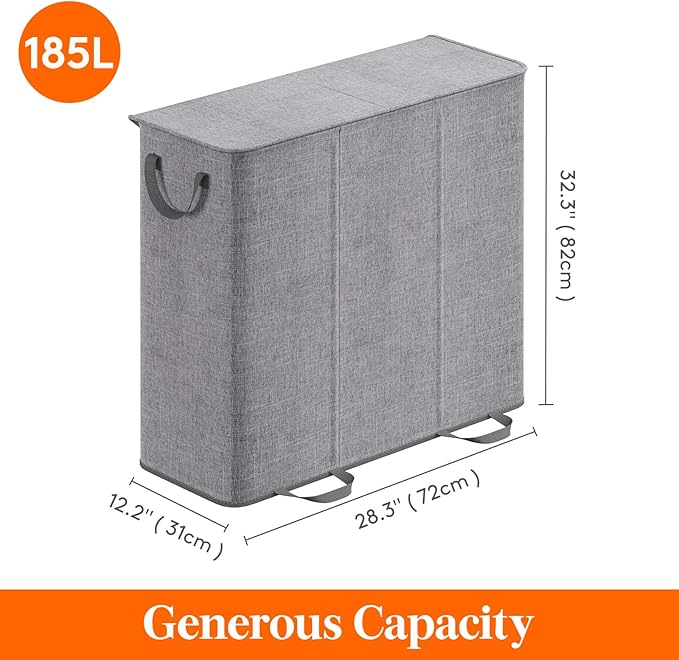 Lifewit Triple Laundry Hamper with Lid and Removable Laundry Bags, Large Collapsible 3 Dividers Dirty Clothes Basket with Handles for Bedroom, Laundry Room, Closet, Bathroom, College, 185L Gray