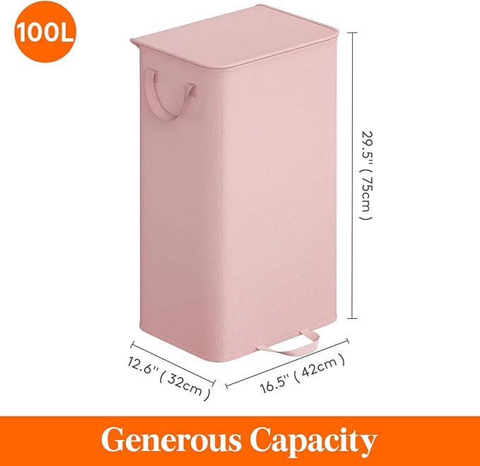 Lifewit Laundry Hamper with Lid and Removable Laundry Bag, Large Collapsible 1 Divider Dirty Clothes Basket with Handles for Bedroom, Laundry Room, Closet, Bathroom, College, 100L Pink