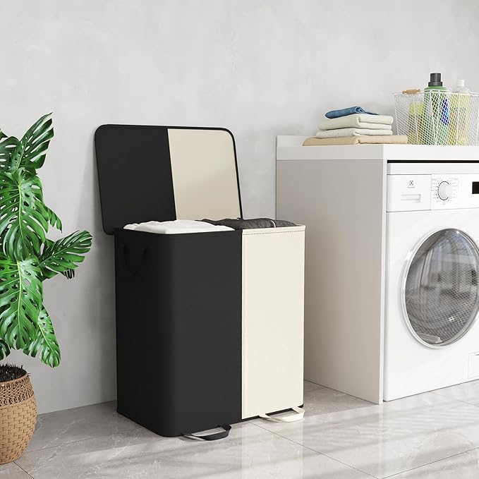 Lifewit Double Laundry Hamper with Lid and Removable Laundry Bags, Large Collapsible 2 Dividers Dirty Clothes Basket with Handles for Bedroom, Laundry Room, Closet, Bathroom, College, 155L White&Black