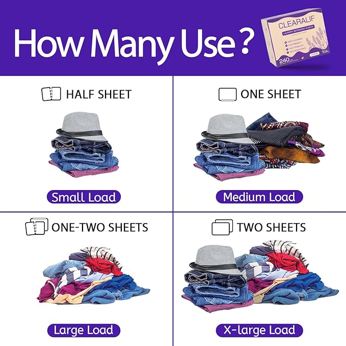 CLEARALIF Laundry Detergent Sheets 120 Sheets (Up to 240 Loads), Lavender - Great For Apartments, Dorms,Eco Friendly