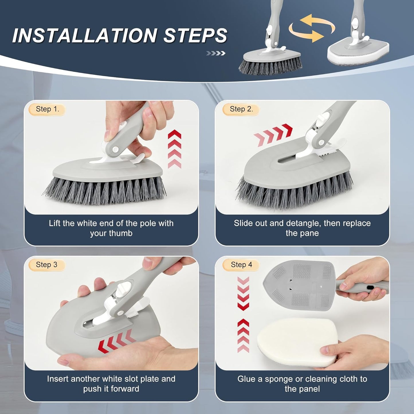 Tile Tub Floor Cleaner Scrubber With Long Handle - 5-in-1 Shower Brush Set for Bathroom, Kitchen, Walls, Sink - Includes Window Scraper and 3 Detachable No Scratch Heads