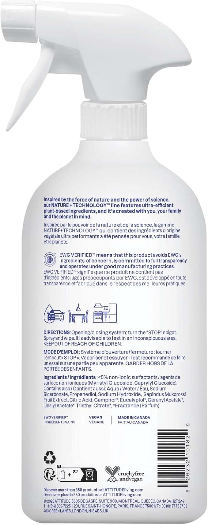 ATTITUDE All Purpose Cleaner Spray, EWG Verified, Vegan, Made with 94% Plant-Based Ingredients, Streak-Free for Kitchen, Bathroom, Glass & More, Lavender, 27.1 Fl Oz (Pack of 3)