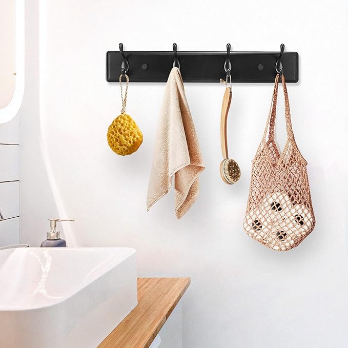 Wooden Coat Rack, Wall-Mounted Organizer for Closet, Entryway, Hallway, Foyer, Bedroom, Heavy Duty Double Hooks for Hanging Towels, Bags, Hats, Jackets, Key (Black, 4 Hooks)