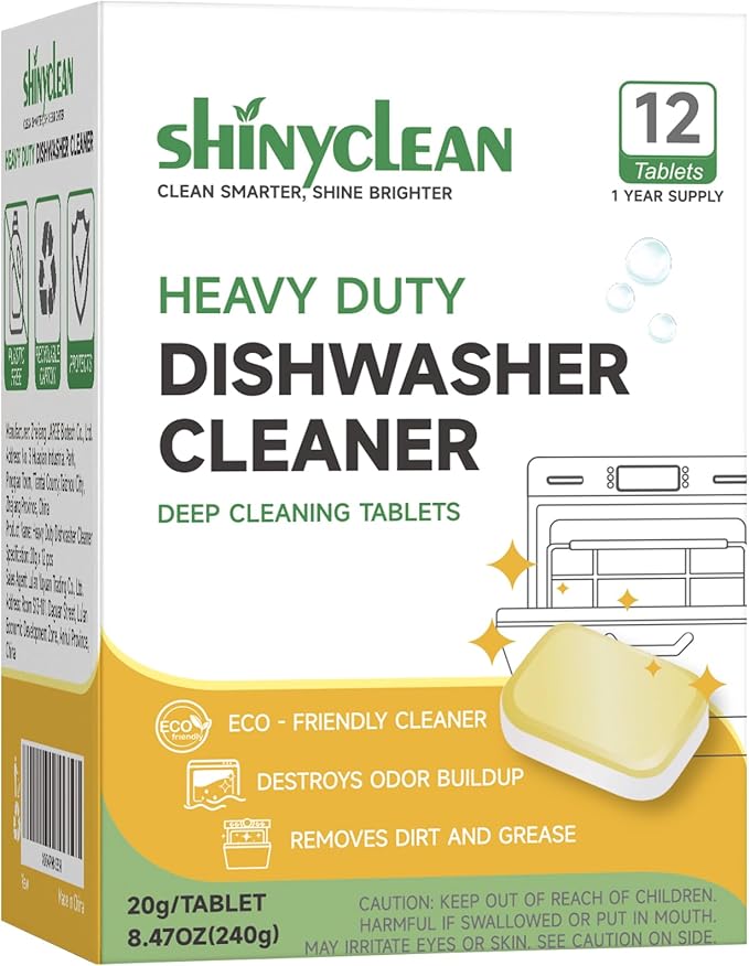 Shinyclean Heavy Duty Dishwasher Cleaning Tablets | Natural Dishwasher Cleaner and Deodorizer | Helps Remove Limescale, Hard Water & Odor | Septic Safe, 12 Pack - 1 Year Supply