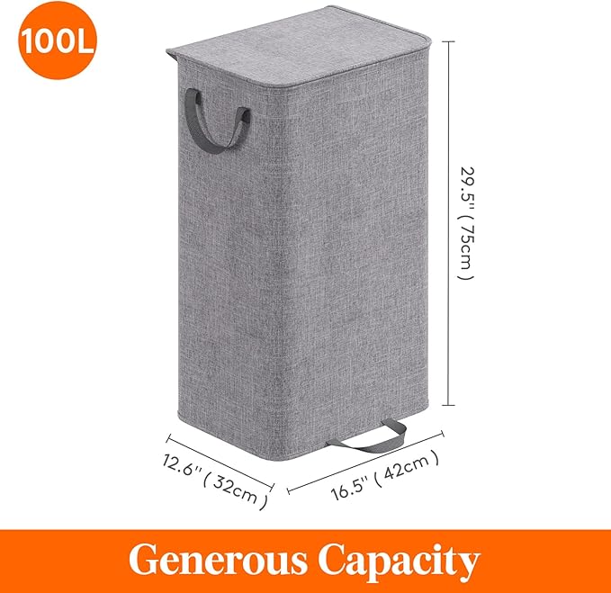 Lifewit Laundry Hamper with Lid and Removable Laundry Bag, Large Collapsible 1 Divider Dirty Clothes Basket with Handles for Bedroom, Laundry Room, Closet, Bathroom, College, 100L Gray