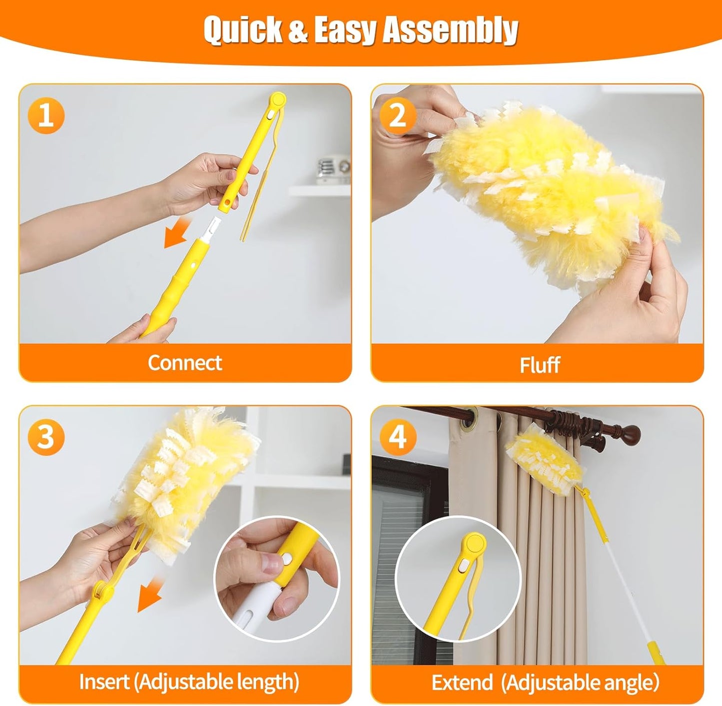 60 Count 360° Heavy Duty Duster Refills Compatible with Swiffer,Large Size-Extra Thick Disposable Electrostatic Feather Duster Refill with 1 Retractable Handle(35-inch Length Fully expanded)