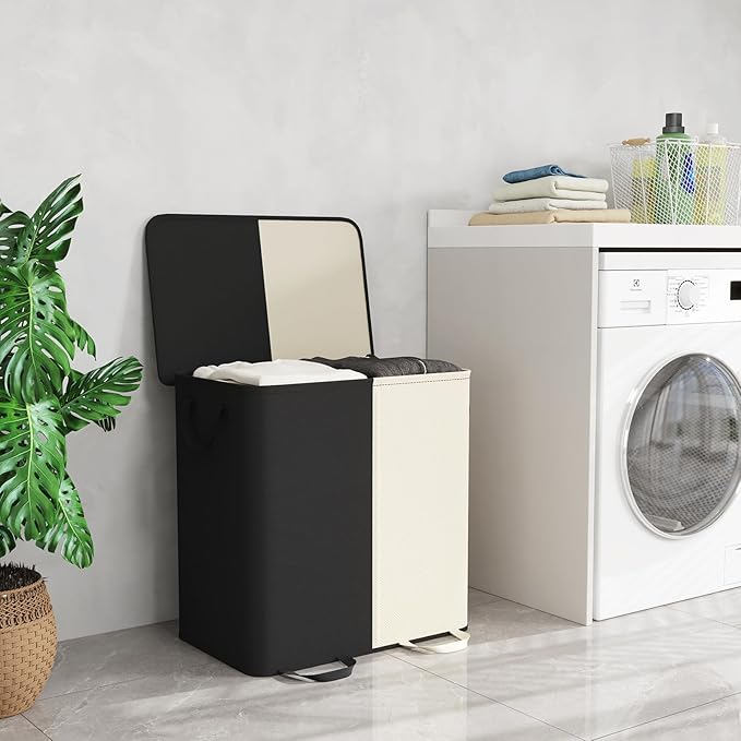 Lifewit Double Laundry Hamper with Lid and Removable Laundry Bags, Large Collapsible 2 Dividers Dirty Clothes Basket with Handles for Bedroom, Laundry Room, Closet, Bathroom, College, 136L White&Black