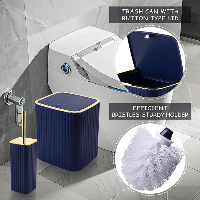 XLHOMO Bathroom Set with Shower Curtain and Rugs- 25PC Blue Bathroom Accessory Set, Navy Blue Shower Curtain Set, Toilet Brush, Trash Can, Qtip Holder Dispenser & Soap Dispenser