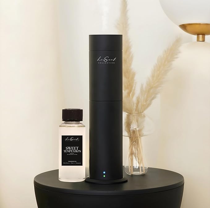Aroma Scent Diffuser Starter Kit for Up to 1000SQ. FT. Coverage - 120ML Waterless Essential Oil Scent Included - Luxury Aroma Diffuser Ideal for Home, Office & Hotel (Black, Sweet Temptation)