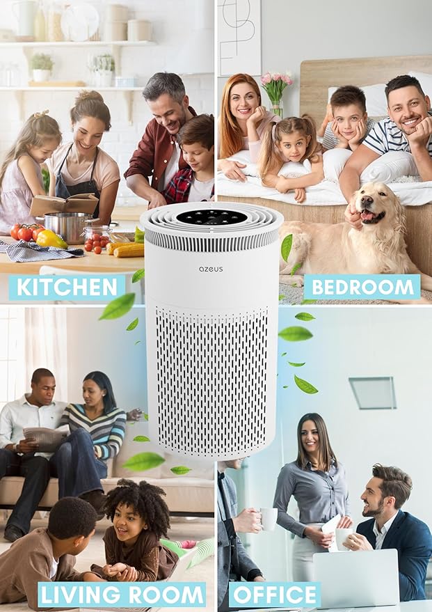Azeus C8 True HEPA Air Purifier, 5-Stage Filtration, 360° Air Intake, Ultra-Quiet, Ideal for Large Rooms and Pet Owners, Ozone-Free (Medium)