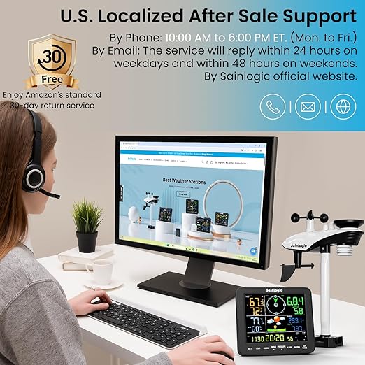 Sainlogic Home Weather Station with Rain Gauge and Wind Speed, Weather Stations Wireless Indoor Outdoor with Rain Gauge Outdoor, Temperature, Humidity, Forecast, Moon Phase, Alarm Clock(No WiFi)