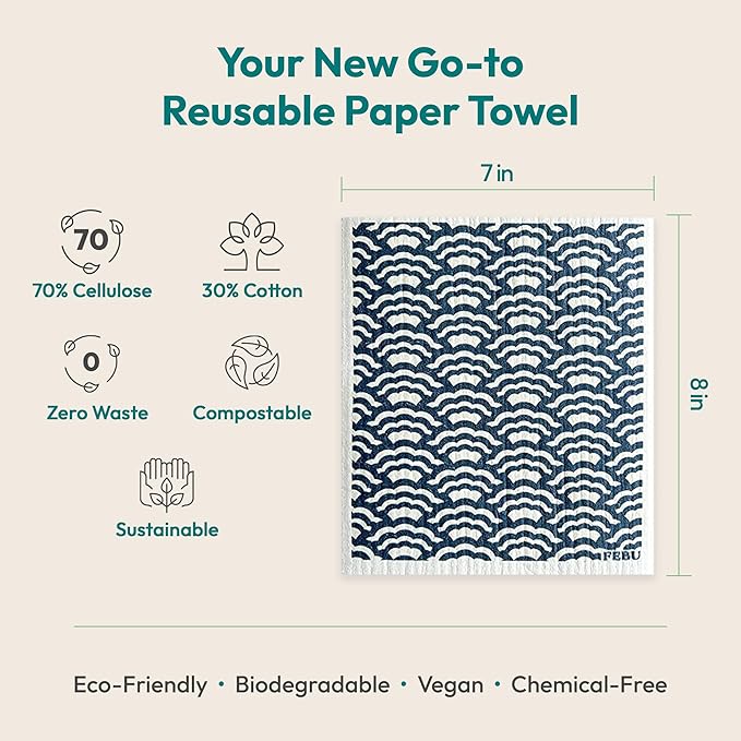 FEBU Swedish Dishcloths for Kitchen | 5 Pack Sunset Reusable Paper Towels Washable | Swedish Dish Towels | Non-Scratch Cellulose Sponge Cloths | No Odor, Biodegradable Cleaning Cloths