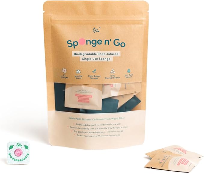 Sponge n' Go: Mini Travel Dish Soap & Sponges | Eco-Friendly, Soap-Infused, Single-Use Cellulose Compressed Sponges | Your On-The-Go Cleaning Companion for Trips, Camps, Work (Pack 20)