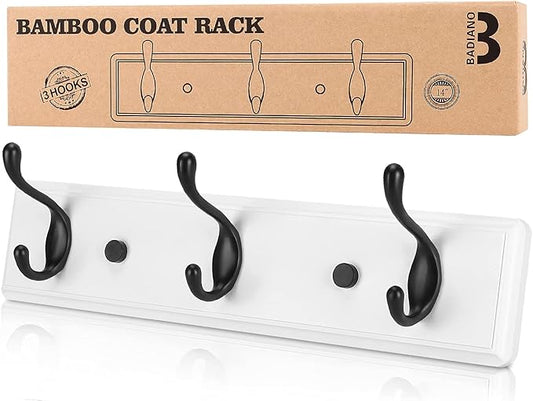 Wooden Coat Rack, Wall-Mounted Organizer for Closet, Entryway, Hallway, Foyer, Bedroom, Heavy Duty Double Hooks for Hanging Towels, Bags, Hats, Jackets, Key (WhiteBlack, 3 Hooks)