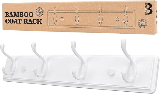 Wooden Coat Rack, Wall-Mounted Organizer for Closet, Entryway, Hallway, Foyer, Bedroom, Heavy Duty Double Hooks for Hanging Towels, Bags, Hats, Jackets, Key (White, 4 Hooks)