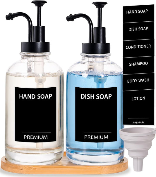 Glass Soap Dispenser Set 18oz – 2 Pack with Pump, Tray, Funnel & Labels for Kitchen and Bathroom