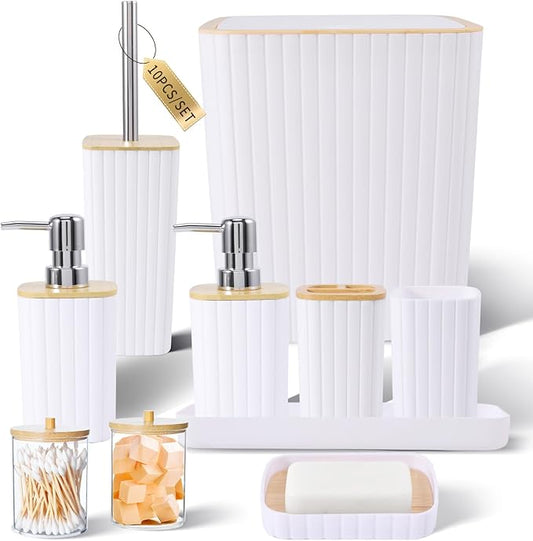 XLHOMO Bathroom Accessories Set - Elegant White Bathroom Set, 10PC Bathroom Accessory Set, Toilet Brush, Trash Can, Qtip Holder Dispenser & Soap Dispenser