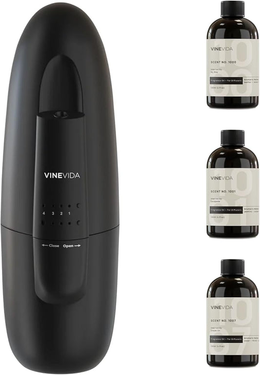 VINEVIDA Waterless Diffuser and 3 Top Selling Hotel Fragrance Oils - Essential Oil Diffuser for Home - Room Fragrance Air Diffuser [Black Aroma Diffuser]