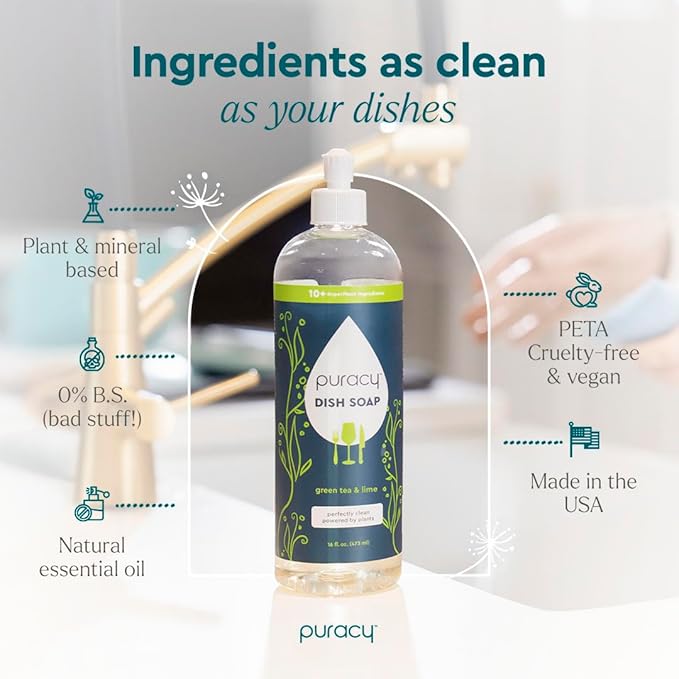 Puracy Natural Dish Soap Refill - Skin-Softening Plant-Based Liquid Dishwashing Detergent Soap, Clean-Rinsing Water-Sheeting Formula (Green Tea & Lime, 48 fl oz)