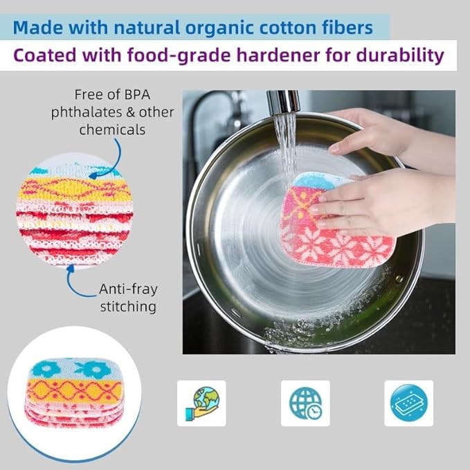Amarelle GEN II Reusable Dish Scrubbers (5-Pack), Dual-Sided Heavy Duty Scouring Pads, Odor-Free & Machine Washable | Kitchen Scrub Cloth | Nano-Crystal Enhanced Technology (Nordic Folk)