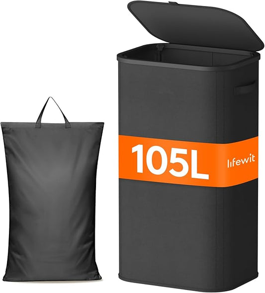 Lifewit 105L Laundry Basket with Lid, Large Laundry Hamper with Plastic Handles and Removable Bag, Foldable Tall Dirty Clothes Hampers for Laundry for Laundry Room, Bedroom, Bathroom, Dorm, Black