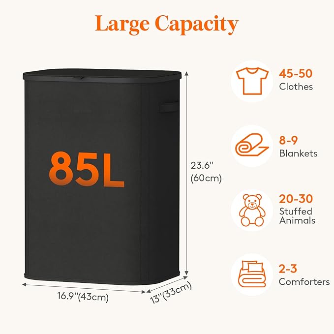 Lifewit 85L Laundry Basket with Lid, Large Laundry Hamper with Plastic Handles and Removable Bag, Foldable Tall Dirty Clothes Hampers for Laundry for Laundry Room, Bedroom, Bathroom, Dorm, Black