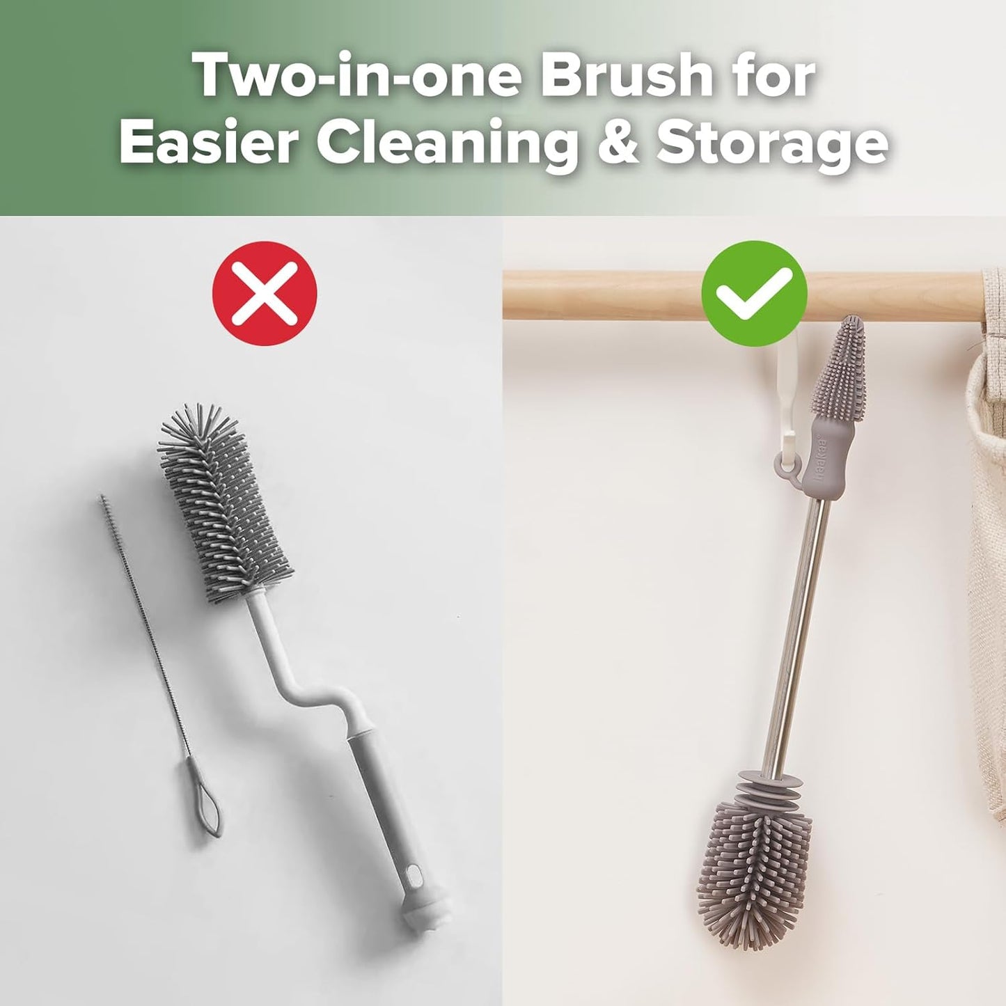 Haakaa Silicone Cleaning Brush - Baby Bottle Brush Cleaner for Breast Pump,Nipple,Breast Milk Storage Bag - Food Grade Silicone - 1 Count - Grey