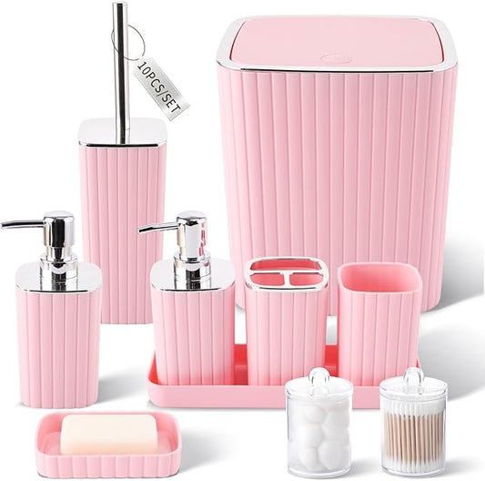 XLHOMO Pink Bathroom Accessories Set - Gorgeous Bathroom Set, 10PC Bathroom Accessory Set, Toilet Brush, Trash Can, Qtip Holder Dispenser & Soap Dispenser