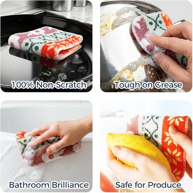 Amarelle GEN II Reusable Dish Scrubbers (5-Pack), Dual-Sided Heavy Duty Scouring Pads, Odor-Free & Machine Washable | Kitchen Scrub Cloth | Nano-Crystal Enhanced Technology (Nordic Folk)