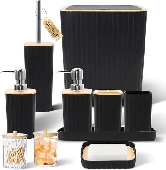 XLHOMO Bathroom Accessories Set - Elegant Black Bathroom Set, 10PC Bathroom Accessory Set, Toilet Brush, Trash Can, Qtip Holder Dispenser & Soap Dispenser