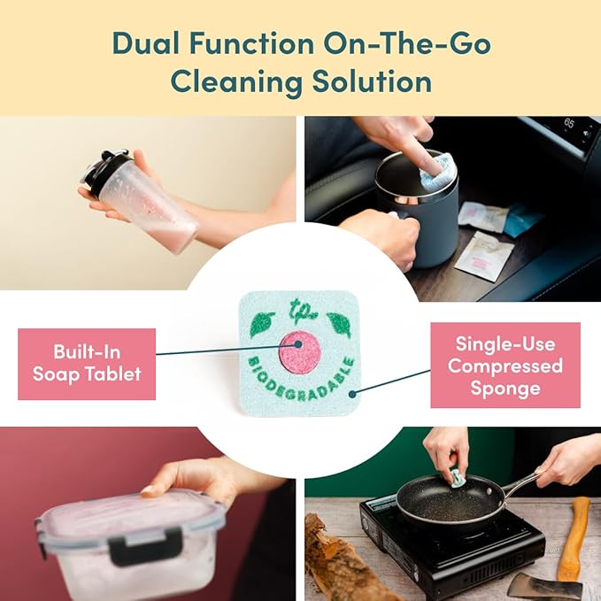 Sponge n' Go: Mini Travel Dish Soap & Sponges | Eco-Friendly, Soap-Infused, Single-Use Cellulose Compressed Sponges | Your On-The-Go Cleaning Companion for Trips, Camps, Work (Pack 20)