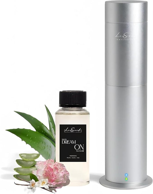 Aroma Scent Diffuser Starter Kit for Up to 1000SQ. FT. Coverage - 120ML Waterless Essential Oil Scent Included - Luxury Aroma Diffuser Ideal for Home, Office & Hotel (Silver, Dream On)