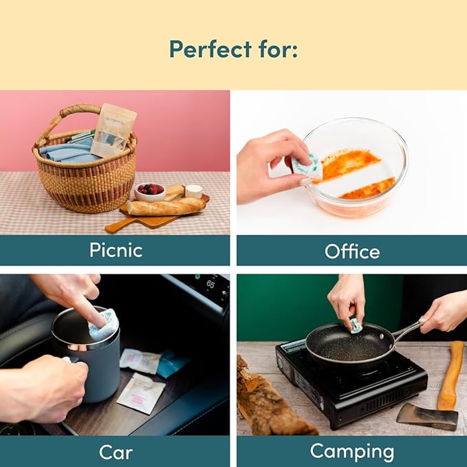 Sponge n' Go: Mini Travel Dish Soap & Sponges | Eco-Friendly, Soap-Infused, Single-Use Cellulose Compressed Sponges | Your On-The-Go Cleaning Companion for Trips, Camps, Work (Pack 20)