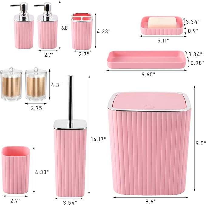 XLHOMO Pink Bathroom Accessories Set - Gorgeous Bathroom Set, 10PC Bathroom Accessory Set, Toilet Brush, Trash Can, Qtip Holder Dispenser & Soap Dispenser