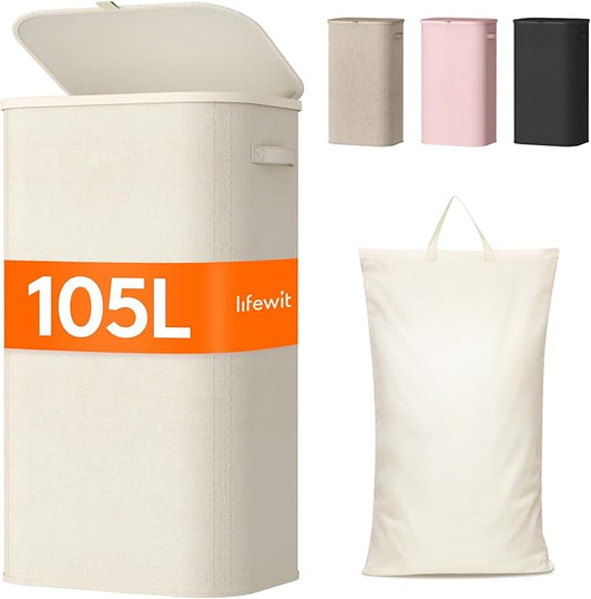 Lifewit 105L Laundry Basket with Lid, Large Laundry Hamper with Plastic Handles and Removable Bag, Foldable Tall Dirty Clothes Hampers for Laundry for Laundry Room, Bedroom, Bathroom, Dorm, White