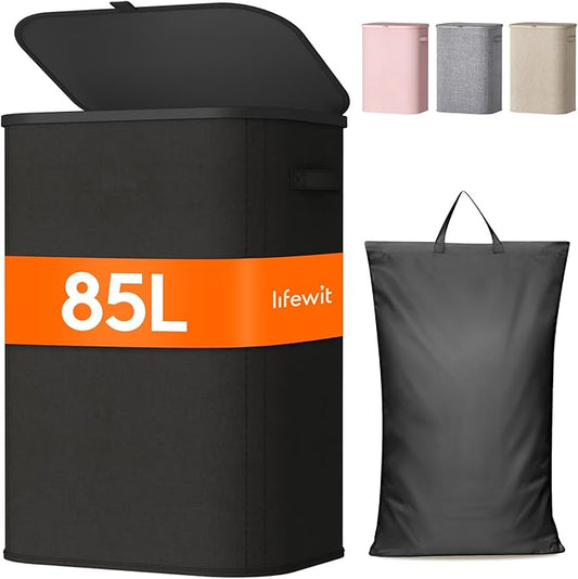 Lifewit 85L Laundry Basket with Lid, Large Laundry Hamper with Plastic Handles and Removable Bag, Foldable Tall Dirty Clothes Hampers for Laundry for Laundry Room, Bedroom, Bathroom, Dorm, Black