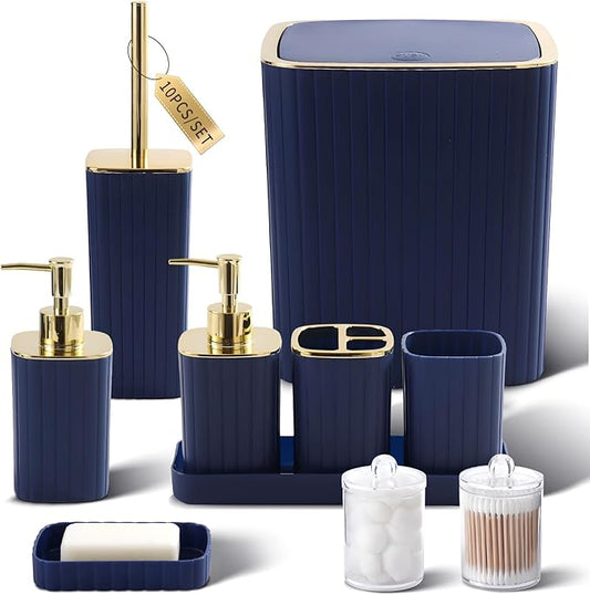 XLHOMO Bathroom Accessories Set - Gorgeous Bathroom Set, 10PC Navy Blue Bathroom Accessory Set, Toilet Brush, Trash Can, Qtip Holder Dispenser & Soap Dispenser