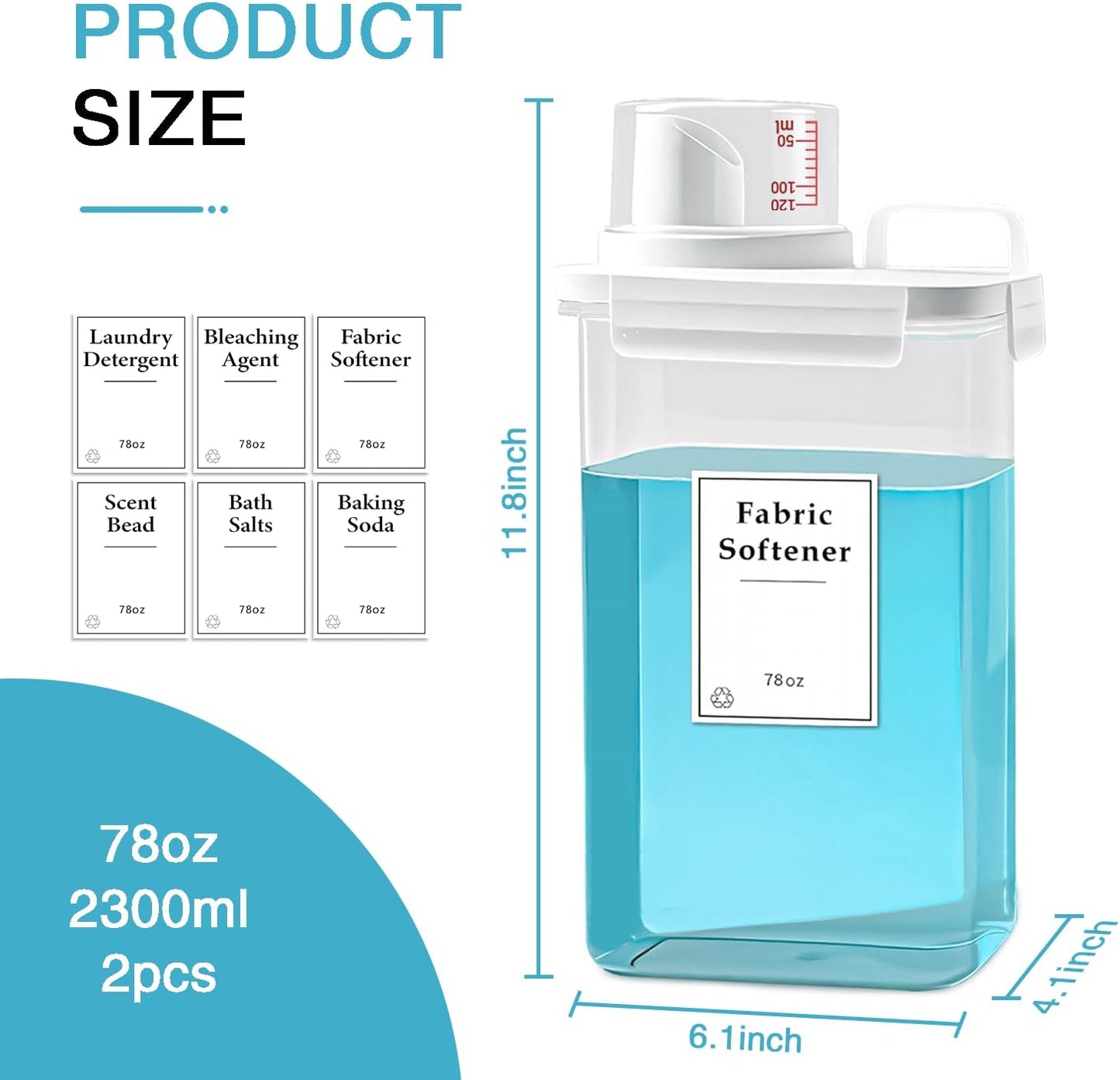 2 Pack Laundry Detergent Dispenser, 78oz Detergent Dispenser, Refluxable Laundry Detergent Container, Plastic Liquid Laundry Detergent Dispenser for Laundry Room Organization with 6 Labels
