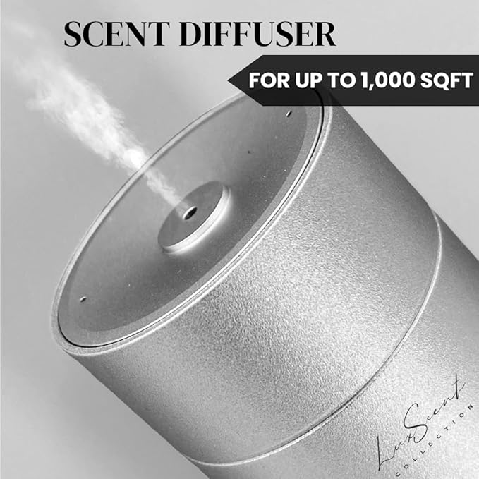 Aroma Scent Diffuser Starter Kit for Up to 1000SQ. FT. Coverage - 120ML Waterless Essential Oil Scent Included - Luxury Aroma Diffuser Ideal for Home, Office & Hotel (Silver, Divine Allure)