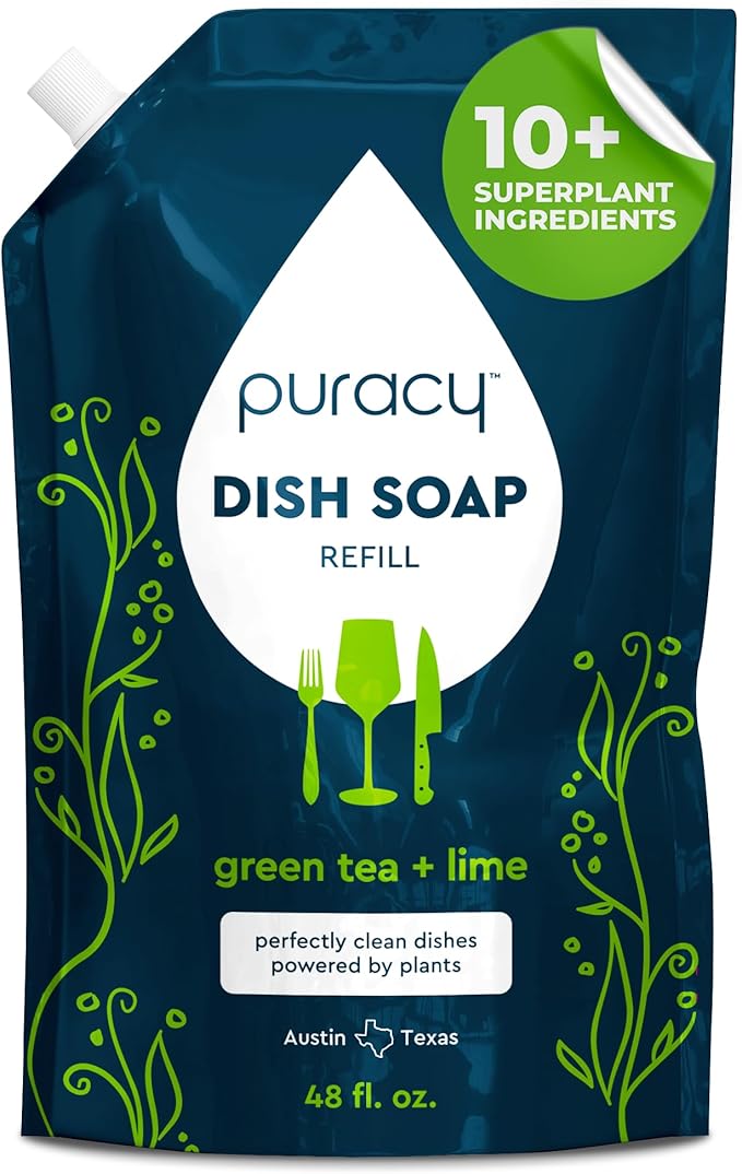 Puracy Natural Dish Soap Refill - Skin-Softening Plant-Based Liquid Dishwashing Detergent Soap, Clean-Rinsing Water-Sheeting Formula (Green Tea & Lime, 48 fl oz)