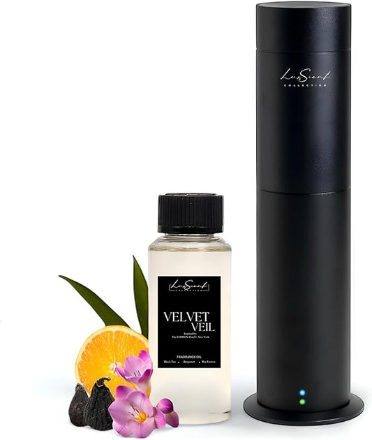 Aroma Scent Diffuser Starter Kit for Up to 1000SQ. FT. Coverage - 120ML Waterless Essential Oil Scent Included - Luxury Aroma Diffuser Ideal for Home, Office & Hotel (Black, Velvet Veil)