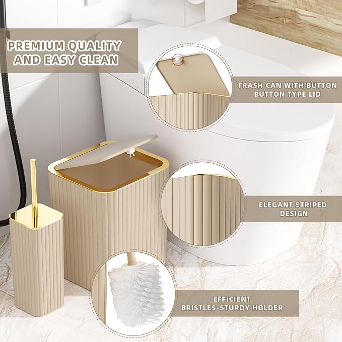 XLHOMO Bathroom Accessories Set - 25PC Bathroom Sets with Shower Curtain and Rugs, Beige Bathroom Accessories with Trash Can, Soap Dispenser, Soap Dish & Toilet Brush