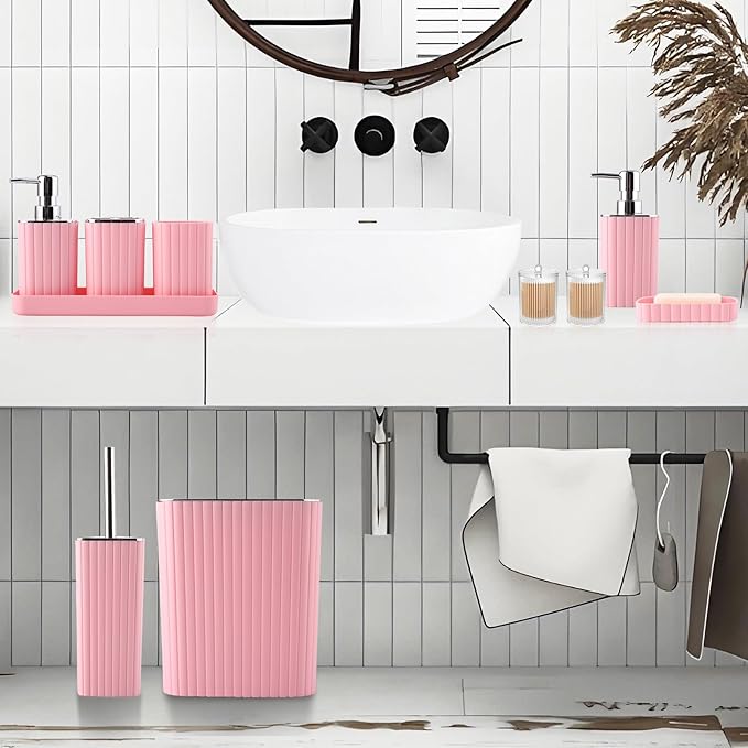 XLHOMO Pink Bathroom Accessories Set - Gorgeous Bathroom Set, 10PC Bathroom Accessory Set, Toilet Brush, Trash Can, Qtip Holder Dispenser & Soap Dispenser