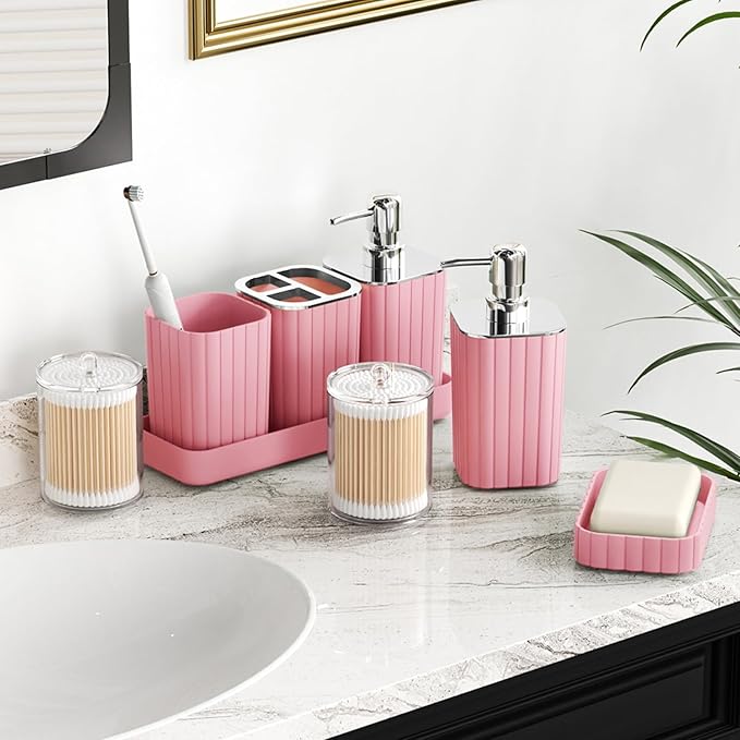 XLHOMO Pink Bathroom Accessories Set - Gorgeous Bathroom Set, 10PC Bathroom Accessory Set, Toilet Brush, Trash Can, Qtip Holder Dispenser & Soap Dispenser
