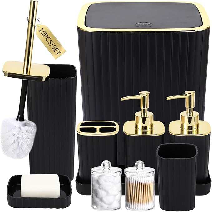 XLHOMO Bathroom Accessories Set - Gorgeous Black Bathroom Set, 10PC Bathroom Accessory Set, Toilet Brush, Trash Can, Qtip Holder Dispenser & Soap Dispenser