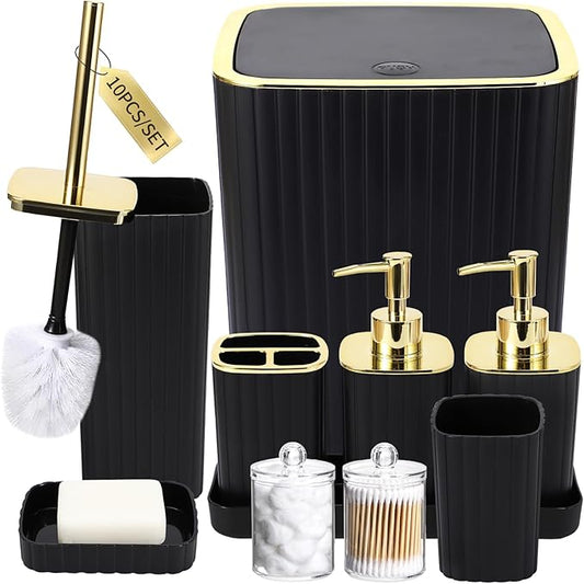 XLHOMO Bathroom Accessories Set - Gorgeous Black Bathroom Set, 10PC Bathroom Accessory Set, Toilet Brush, Trash Can, Qtip Holder Dispenser & Soap Dispenser