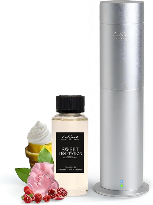 Aroma Scent Diffuser Starter Kit for Up to 1000SQ. FT. Coverage - 120ML Waterless Essential Oil Scent Included - Luxury Aroma Diffuser Ideal for Home, Office & Hotel (Silver, Sweet Temptation)