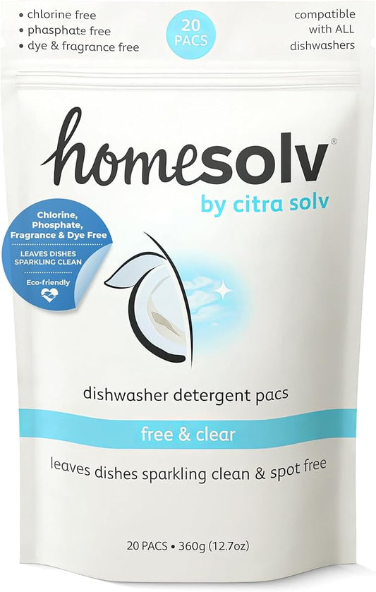 Homesolv Dishwasher Detergent Pods Free and Clear - Plant and Mineral Based Dish Washer Tablets for Spotless Dishes - Eco Friendly Dishwasher Pods - (20 Count 1-Pack)