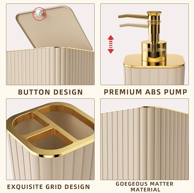 XLHOMO Bathroom Accessories Set - 25PC Bathroom Sets with Shower Curtain and Rugs, Beige Bathroom Accessories with Trash Can, Soap Dispenser, Soap Dish & Toilet Brush